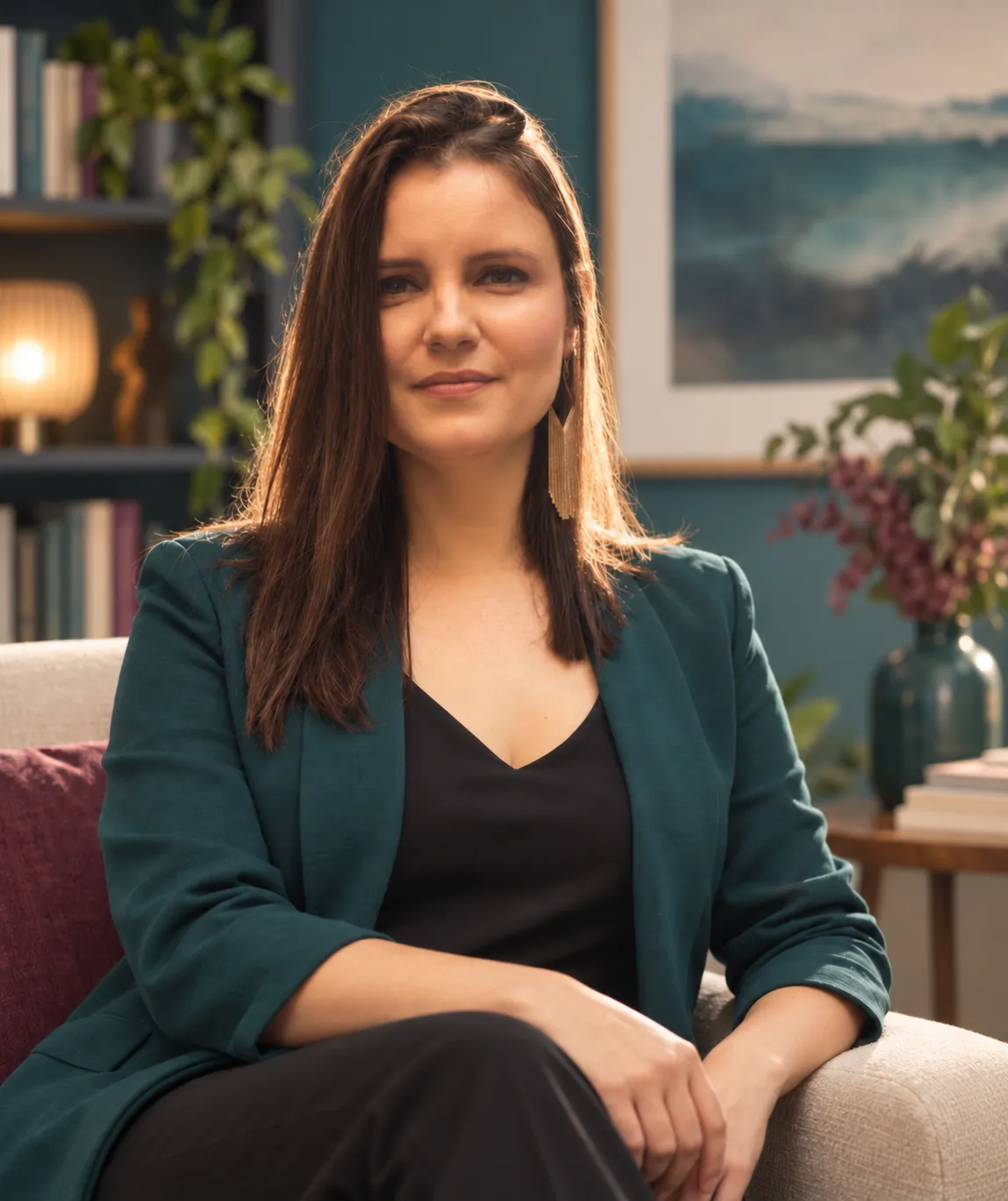 Ana Carolina, psicóloga, em seu consultório, de blazer verde-petróleo, olhando para a câmera com meio sorriso.